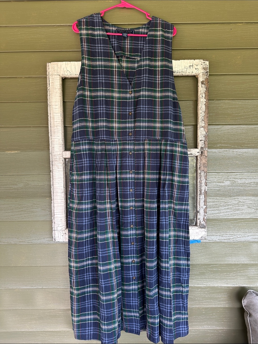 Vintage Karen Scott 100% Cotton Navy, Green & White Plaid Jumper Dress
